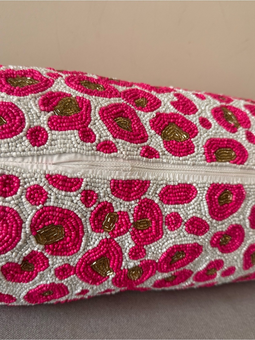 Beaded Cylindrical pillow  Pink White Gold decorative  animal print - Picture 3 of 11